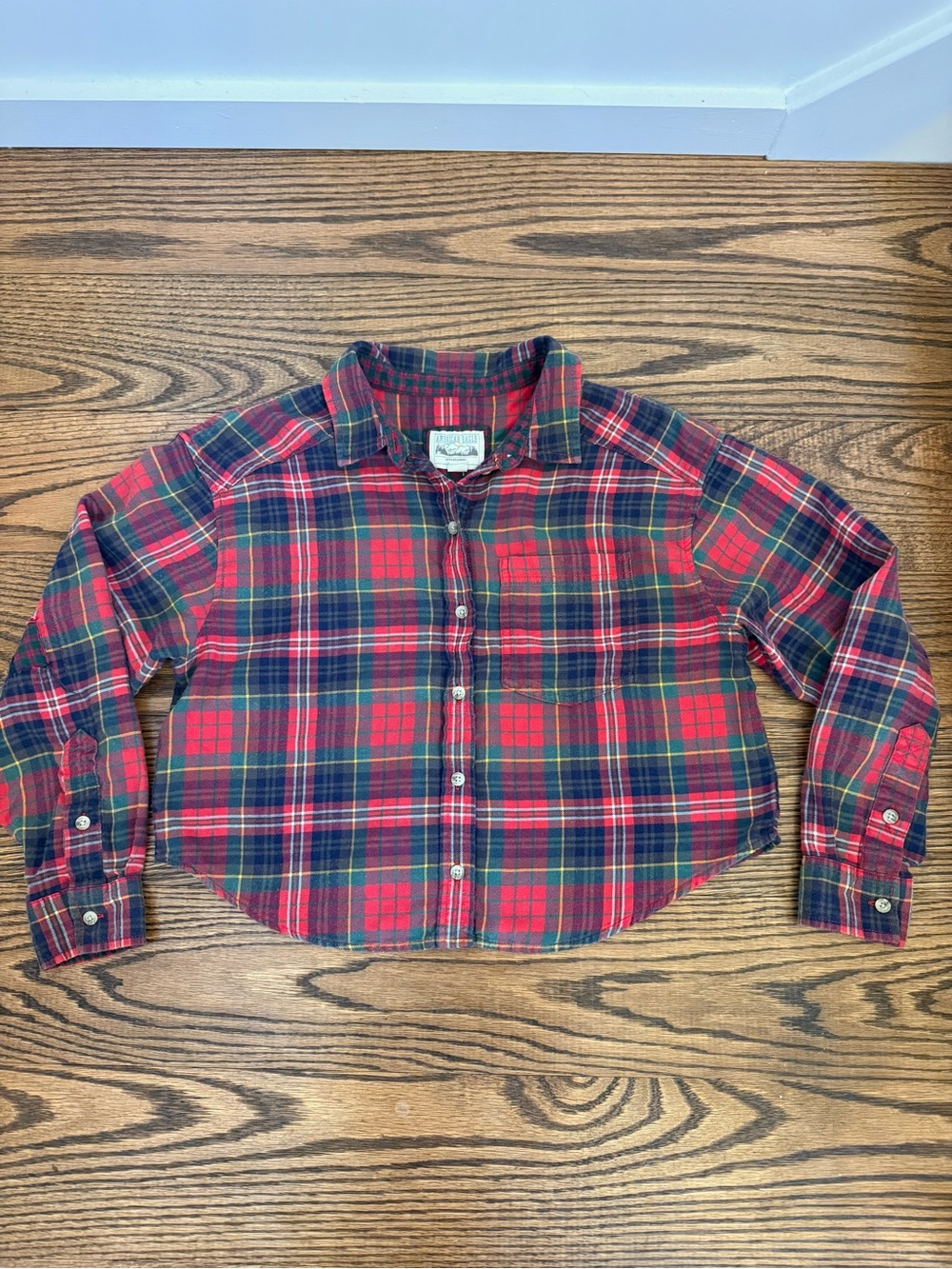 American Eagle Outfitters Red, Blue and Green Plaid Cropped Button-Down Shirt
